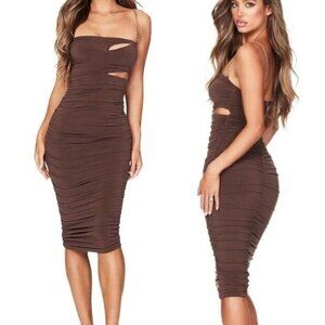 New! Nookie Tia Mocha Brown Cut Out Chain Strap Midi Dress 37705